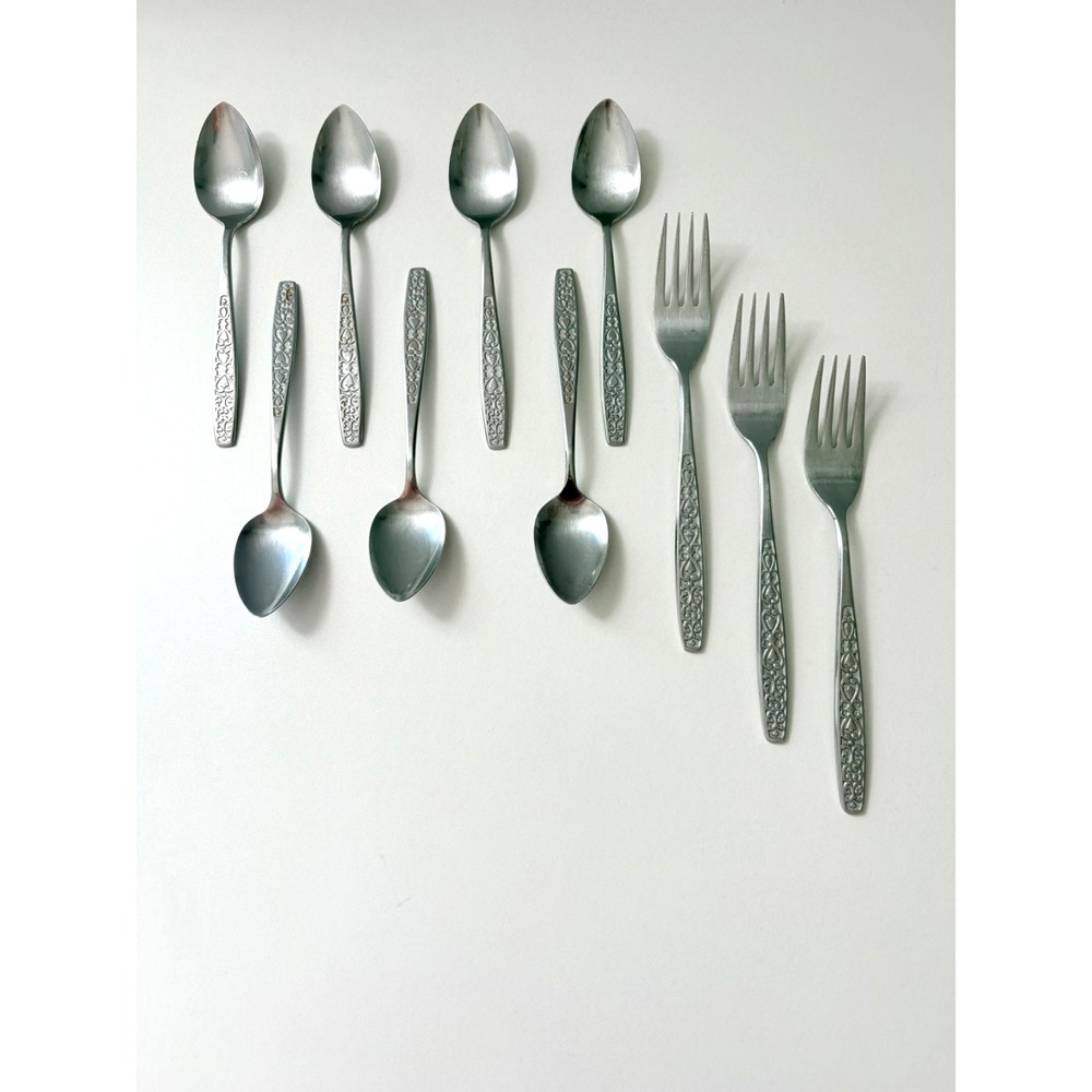 Vintage Japan Continental Stainless Flatware Scroll 3 (7.5") Forks 7 Teaspoons